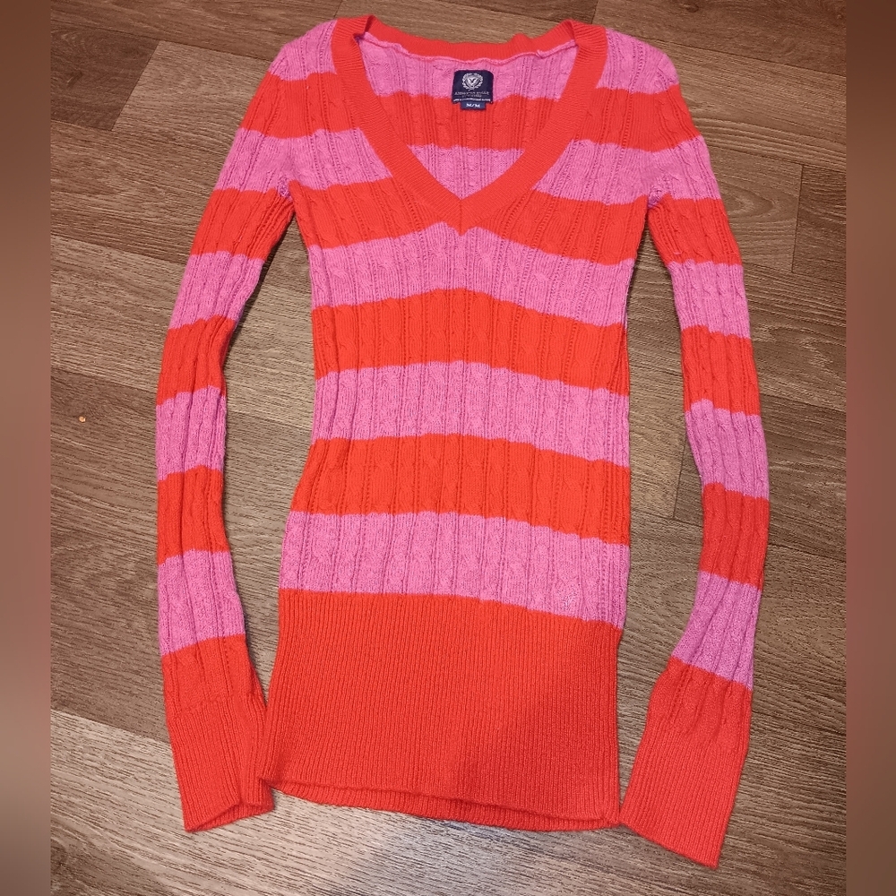 Y2K American Eagle Cable Knit Striped Tennis Sweater Size M